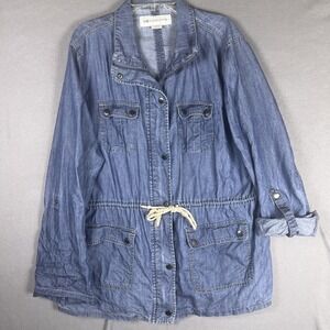Liz Claiborne Women's Jacket Blue‎ Denim Full Zip Snap Up Drawstring Waist SZ XL
